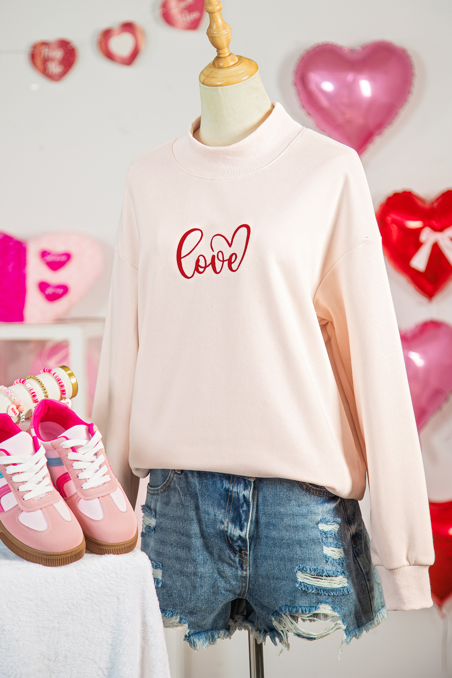 Apricot Pink Mock Neck Love Letter Embroidered Valentines Day Sweatshirt