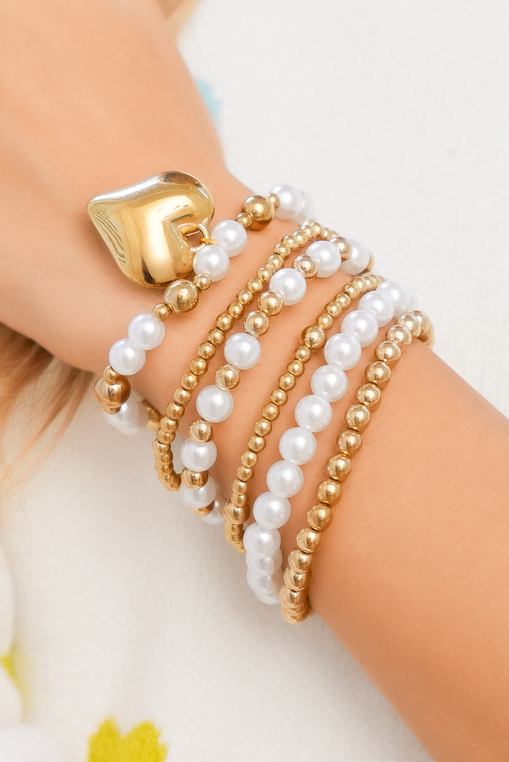 Gold Plated Heart Charm Pearl Beading Multilayer Bracelet