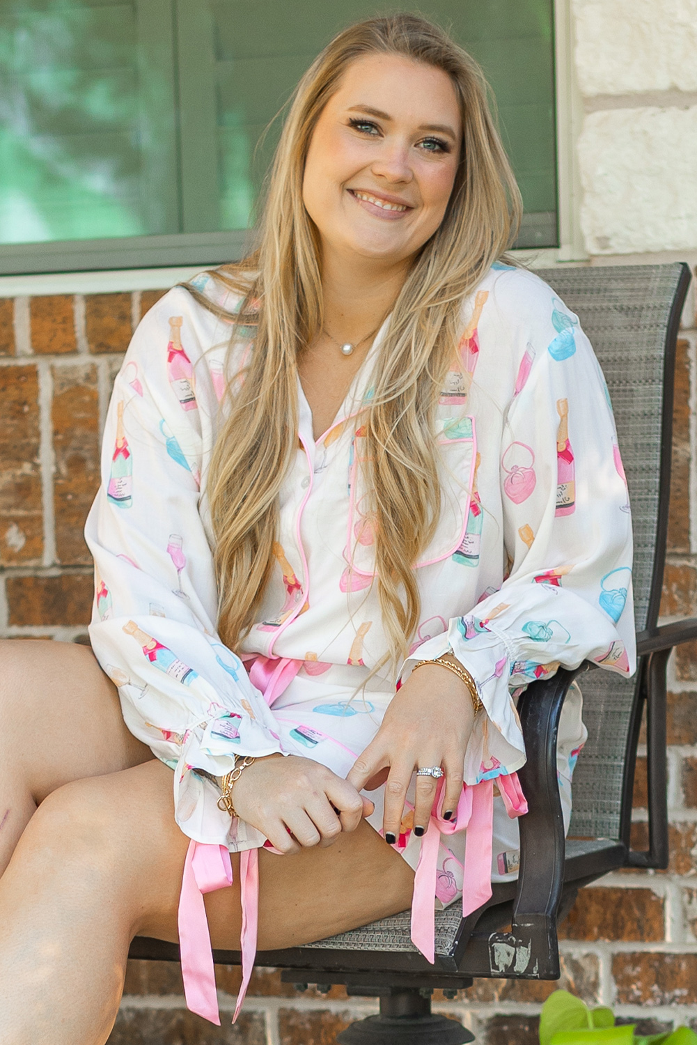 White Christmas Wine Glass Print Bow Knot Two Piece Pajama Set