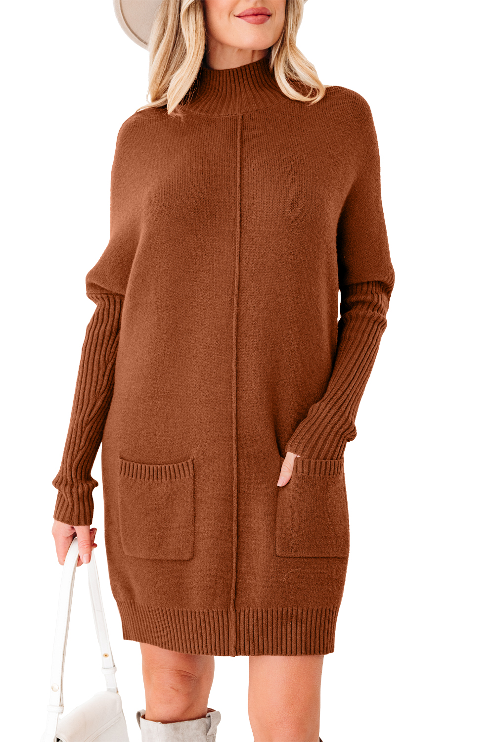 Fiery Red Ribbed High Neck Front Pockets Center Seam Shift Sweater Dress
