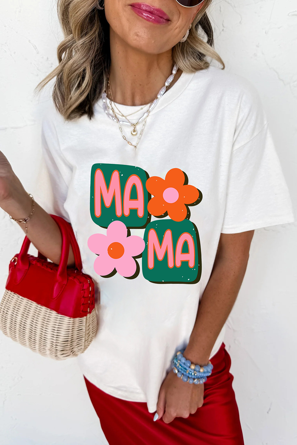 White MAMA Flower Graphic Crewneck Tee