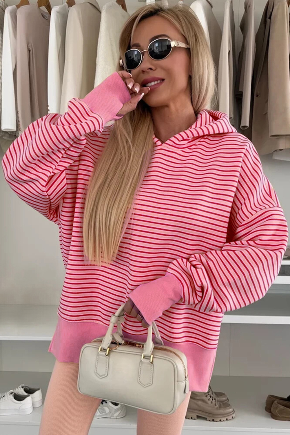 Purple Stripe Thumbhole Side Slits Drop Shoulder Loose Fit Hoodie