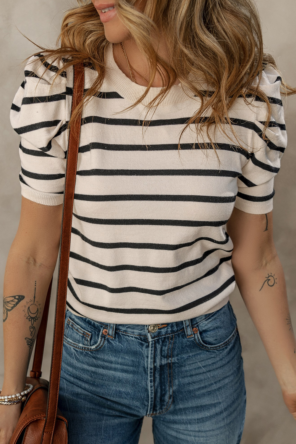 Blue Stripe Ribbed Trim Round Neck Bubble Sleeve Knitted Top