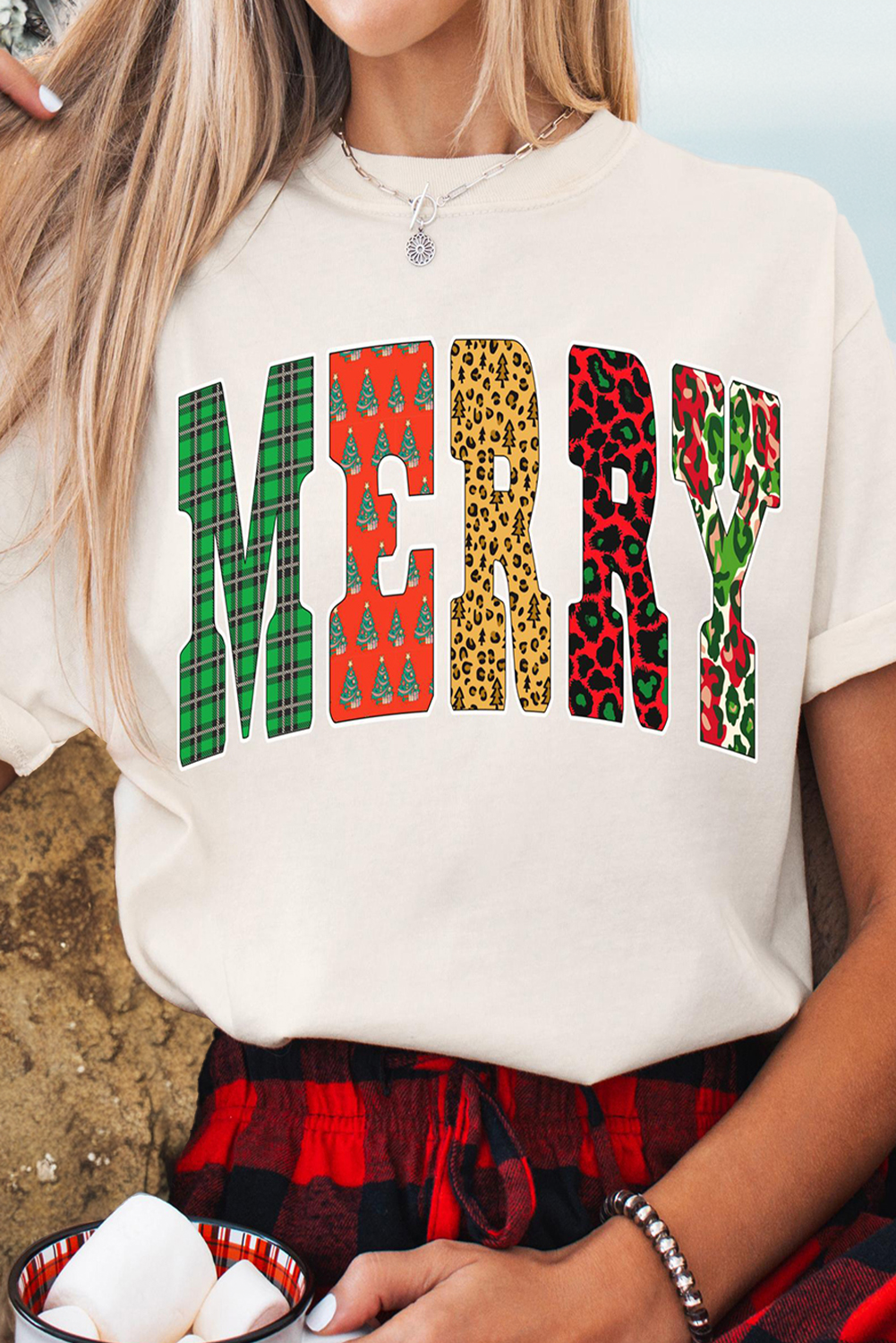 White Leopard Plaid Multi-pattern MERRY Letter Graphic Tee