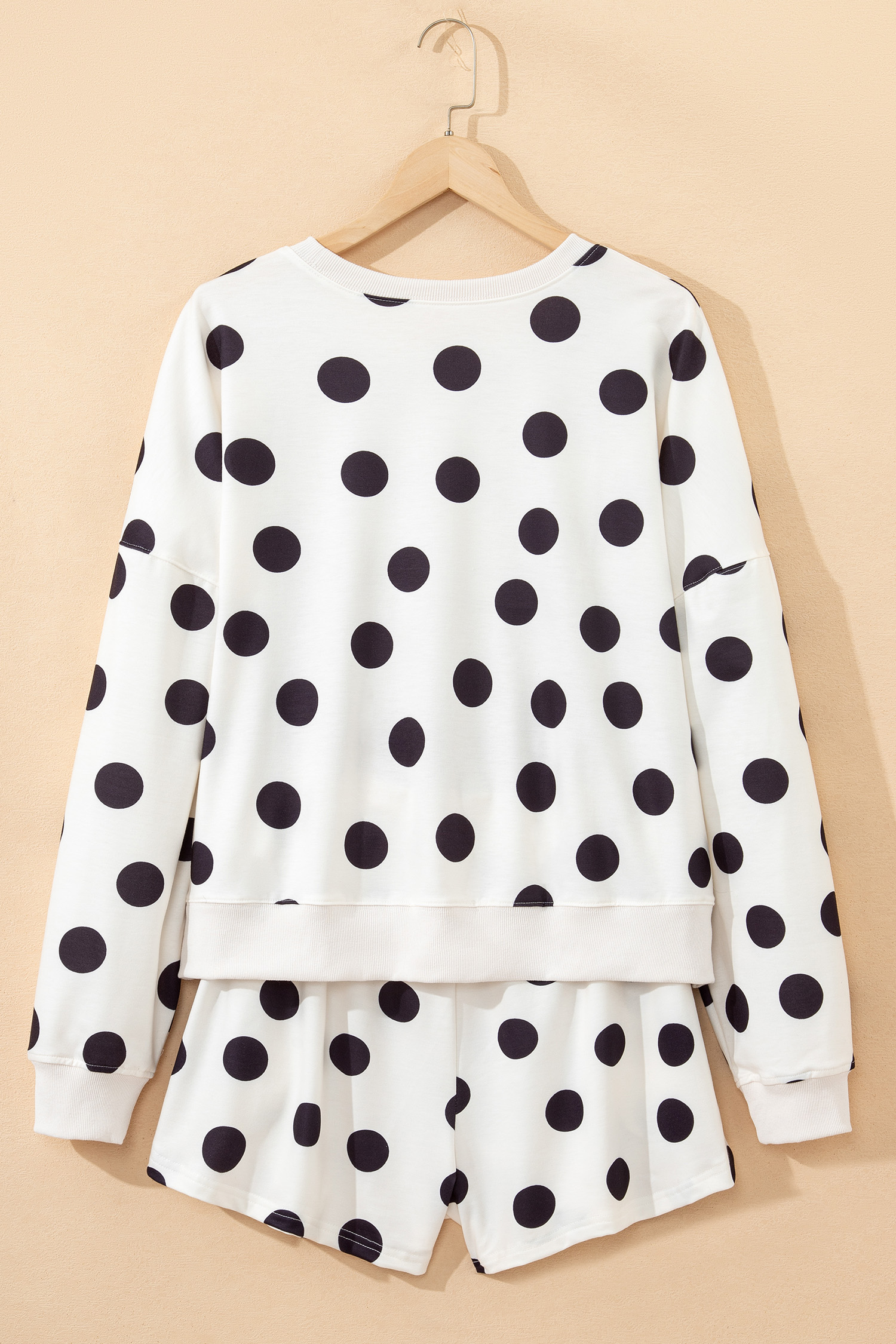 Beige Polka Dot Print Drop Shoulder Pullover Drawstring Jogger Pant Set