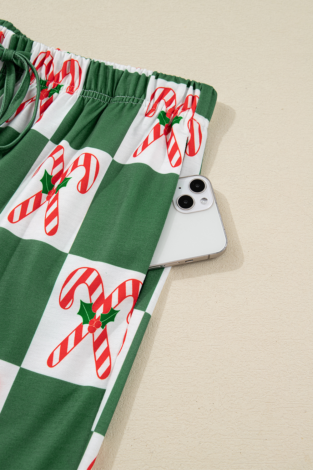 Green Holly Jolly Checkered Pattern 2pcs Long Pajama Set
