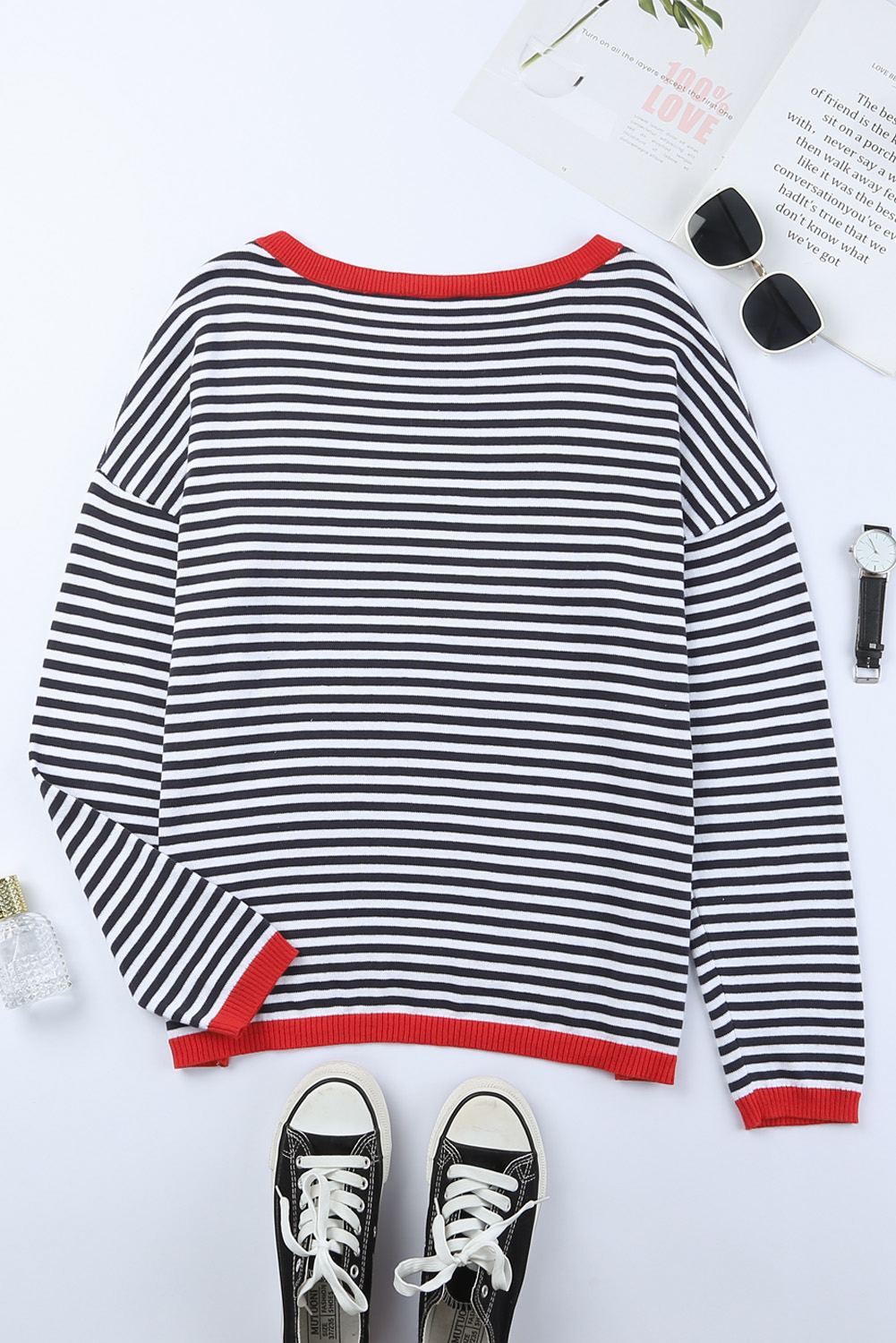 Fiery Red Striped Contrast Trimmed Drop Shoulder Sweater
