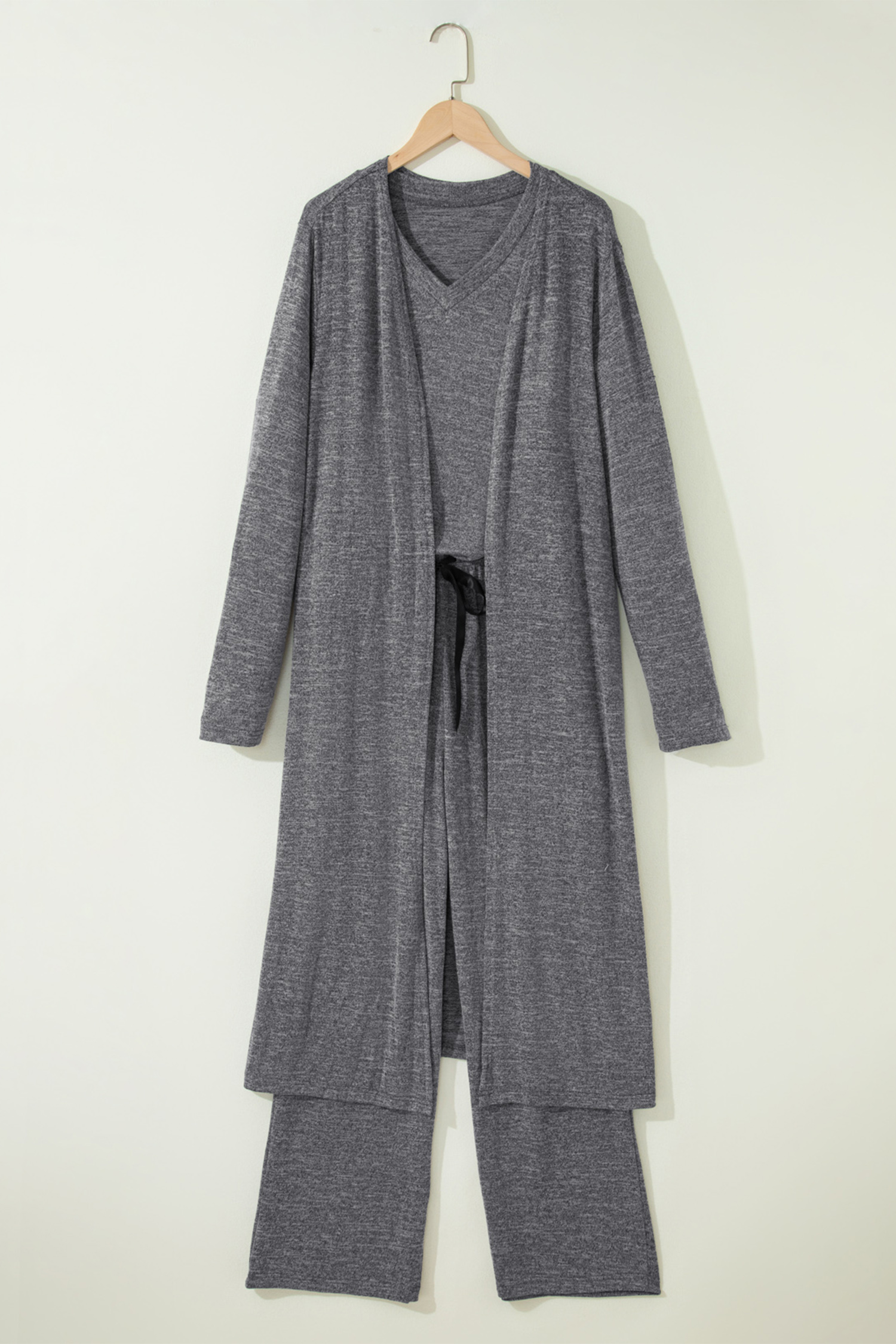 Delicacy 3pcs V Neck T Shirt Ribbon Knot Pants Open Duster 3pcs Lounge Set