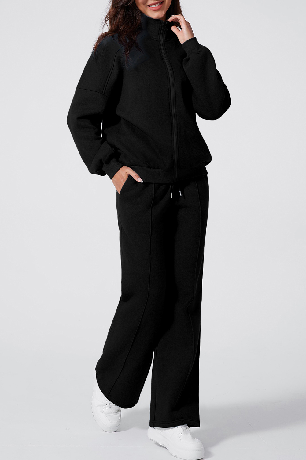 Navy Blue Drop Shoulder Zip Up Jacket Drawstring Pants Active 2pcs Set