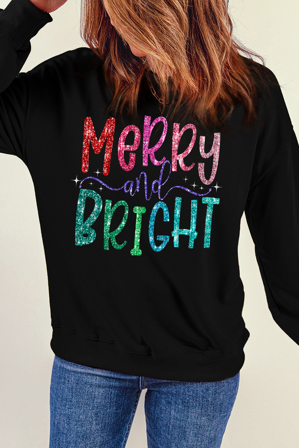 Black Merry and Bright Graphic Christmas Pullover Sweatshirt