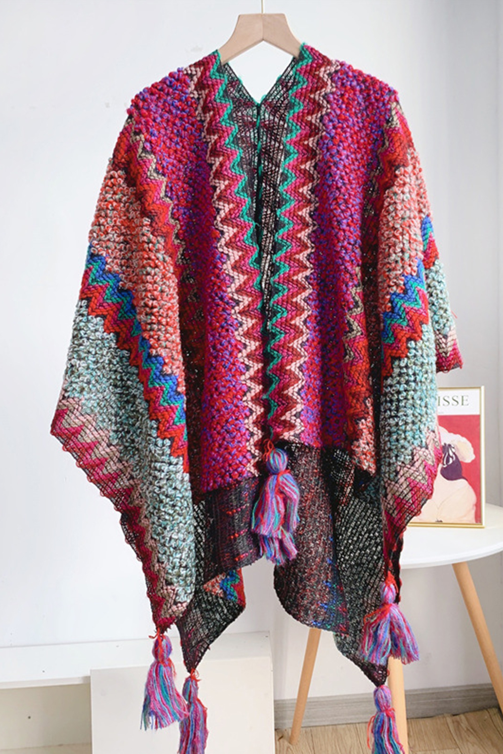 Rose Red Ethnic Knit Shawl Wrap Cape Sweater Thickened Tassel Poncho Cloak