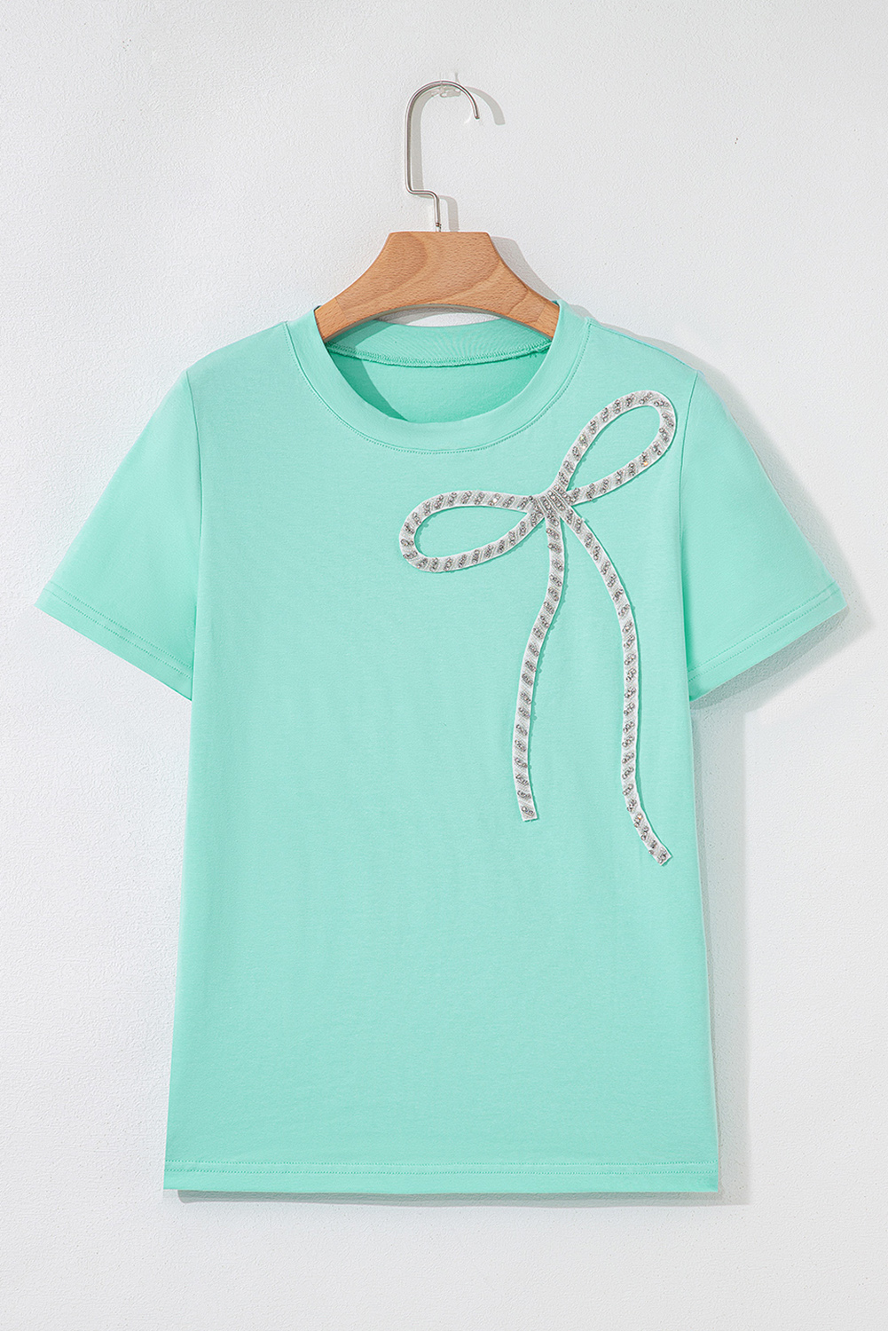 White Rhinestone Bow Embellished Round Neck Tee
