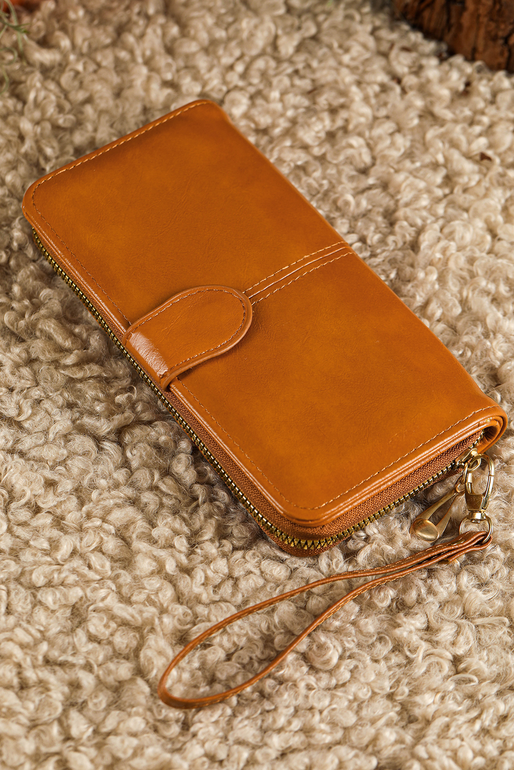Cinnamon Faux Leather Zip Around Wrist Strap Long Wallet