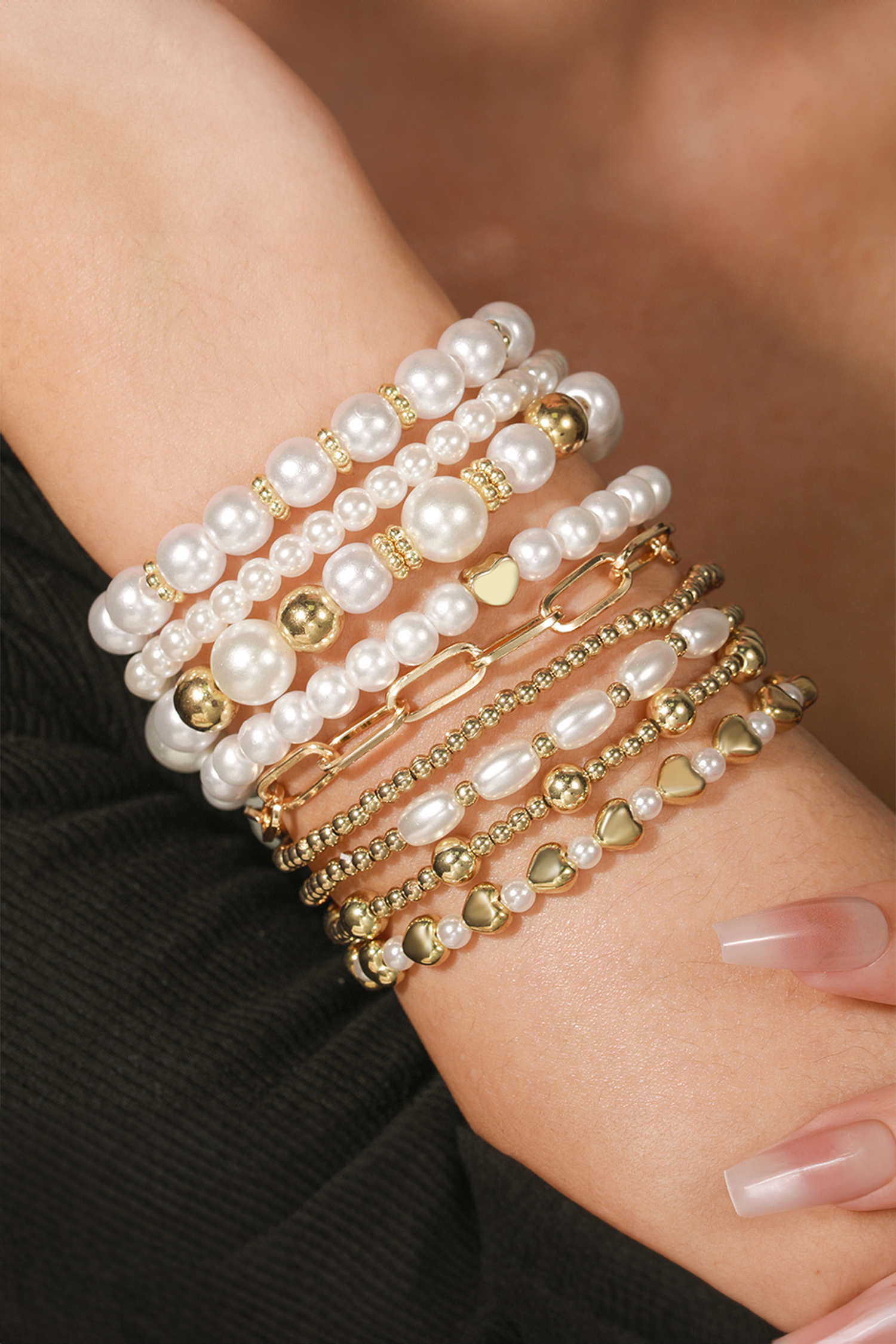 Gold 9-Piece Mixed Faux Pearl Bead Stretch Bracelet Set