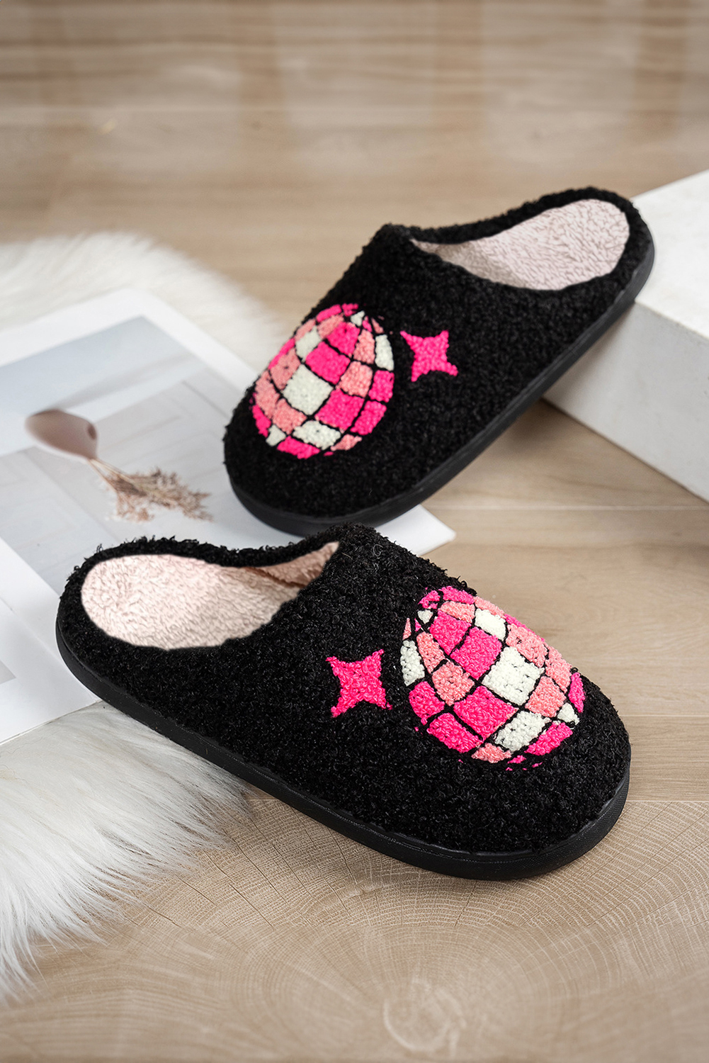 Black Disco Ball Print Fuzzy Winter House Slippers