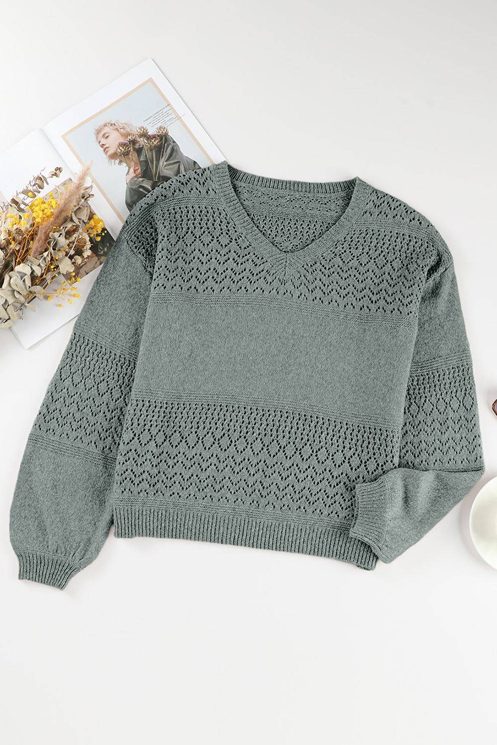 Sky Blue Eyelet Pattern Detail V Neck Drop Shoulder Sweater