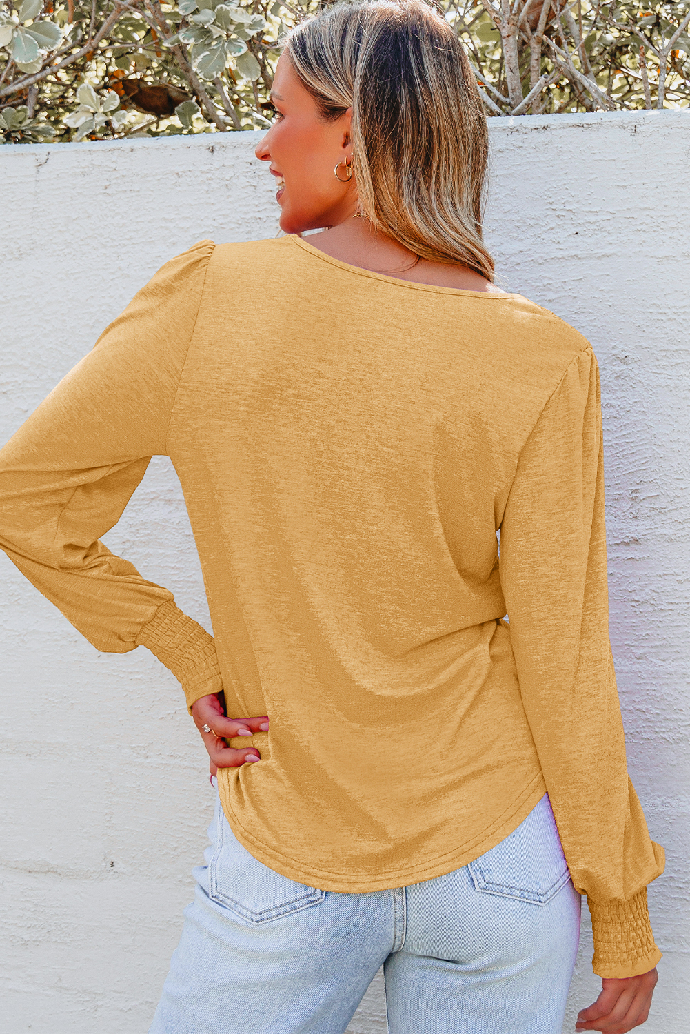 Beige Shirred Shoulder Frilled Cuffs Long Sleeve Top
