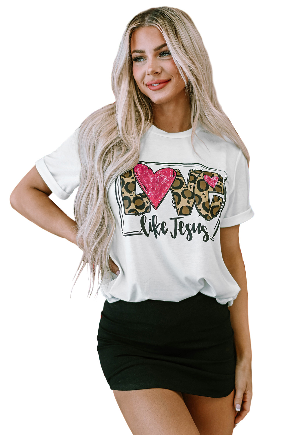 Red Leopard Striped Heart Shaped Print Crew Neck T Shirt