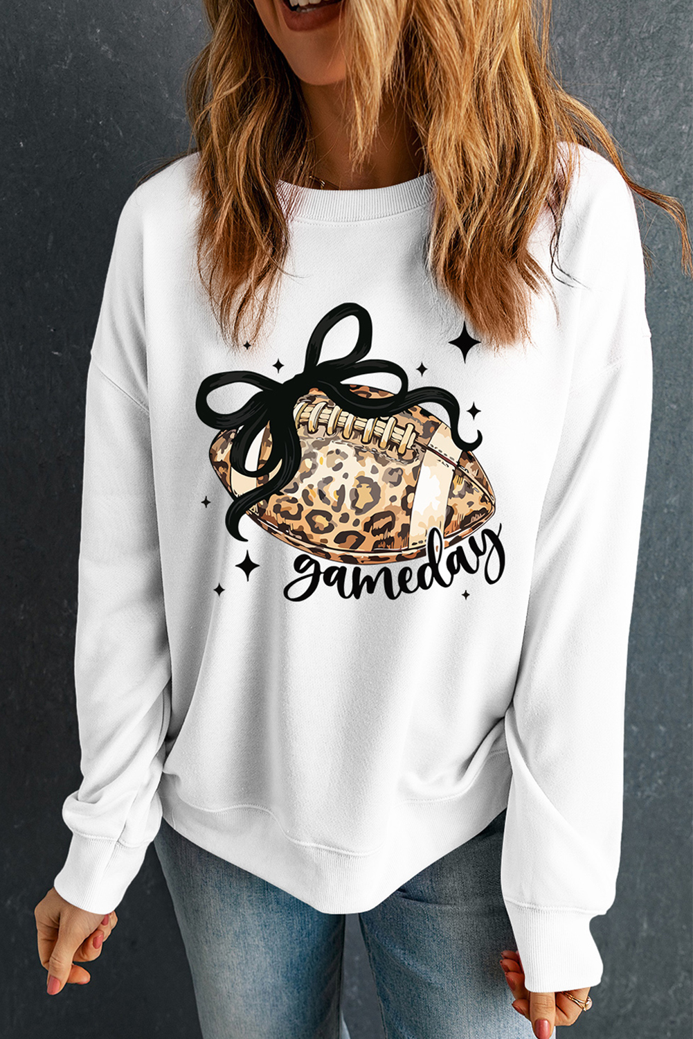 White Game Day Leopard Rugby Graphic Customized Crew Neck Sweatshirt