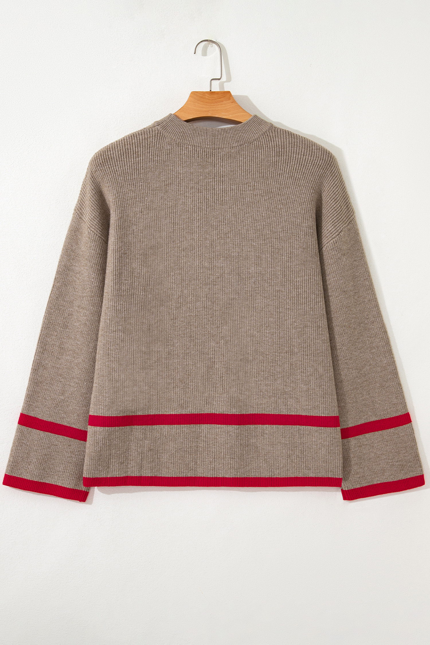 Simply Taupe Ribbed Knit Contrasted Stripe Detail Button Side Loose Sweater