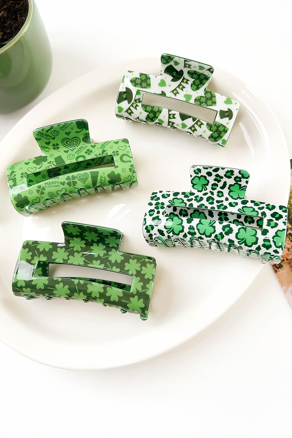 Grass Green St Patricks Clover Print Hollow Out Square Hair Clip