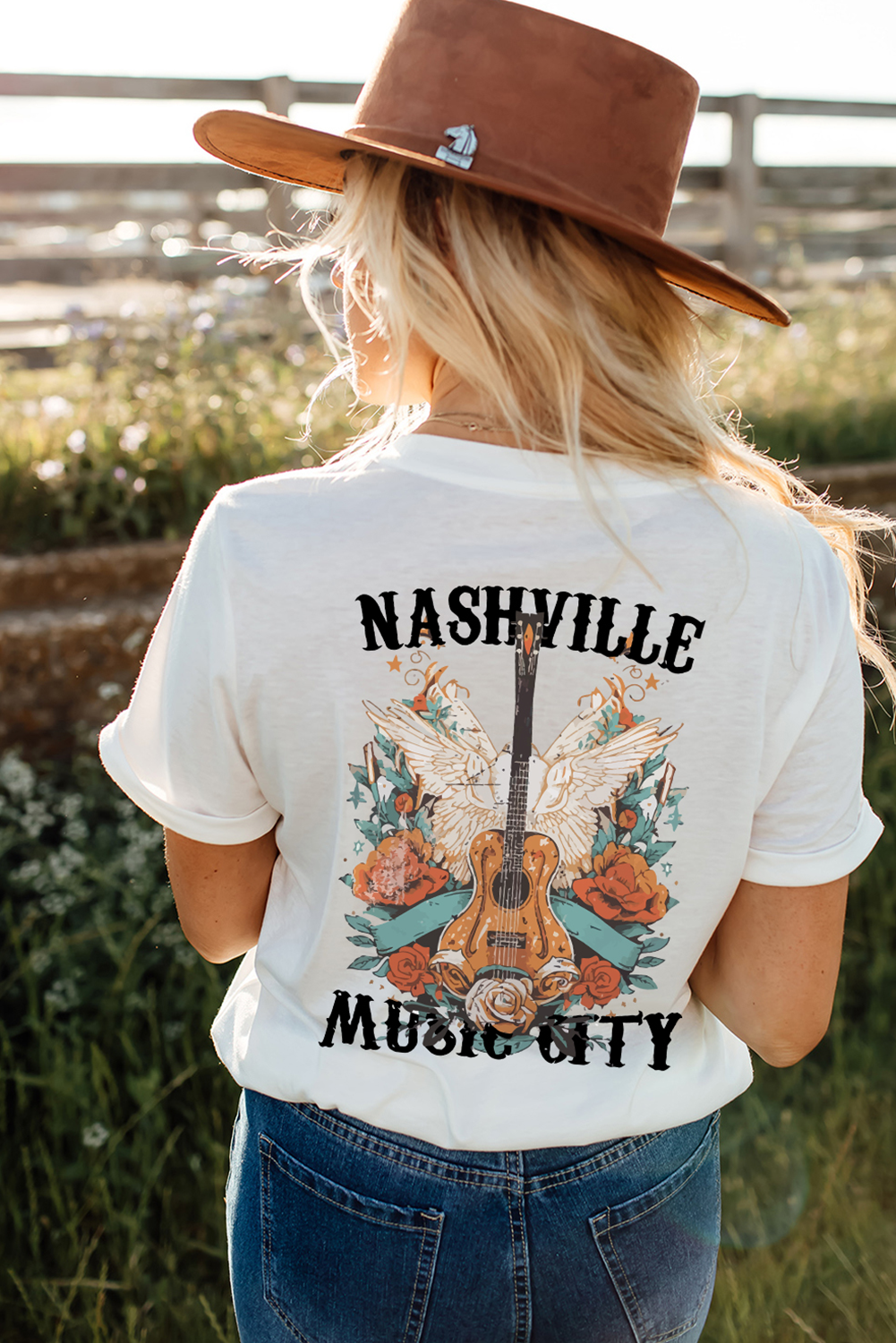 White NASHVILLE MUSIC CITY Guitar Wings Graphic Tee