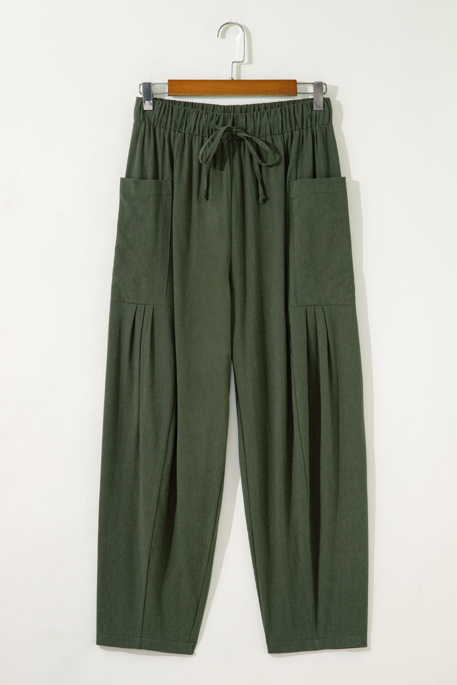 Black Drawstring Elastic Waist Patch Pocket Barrel Leg Casual Pants