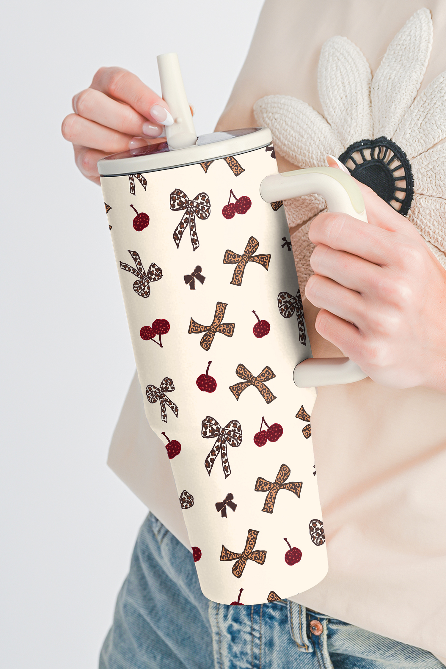 White Leopard Cheery Bow Printed Single Handle Flip Straw Travel Cup