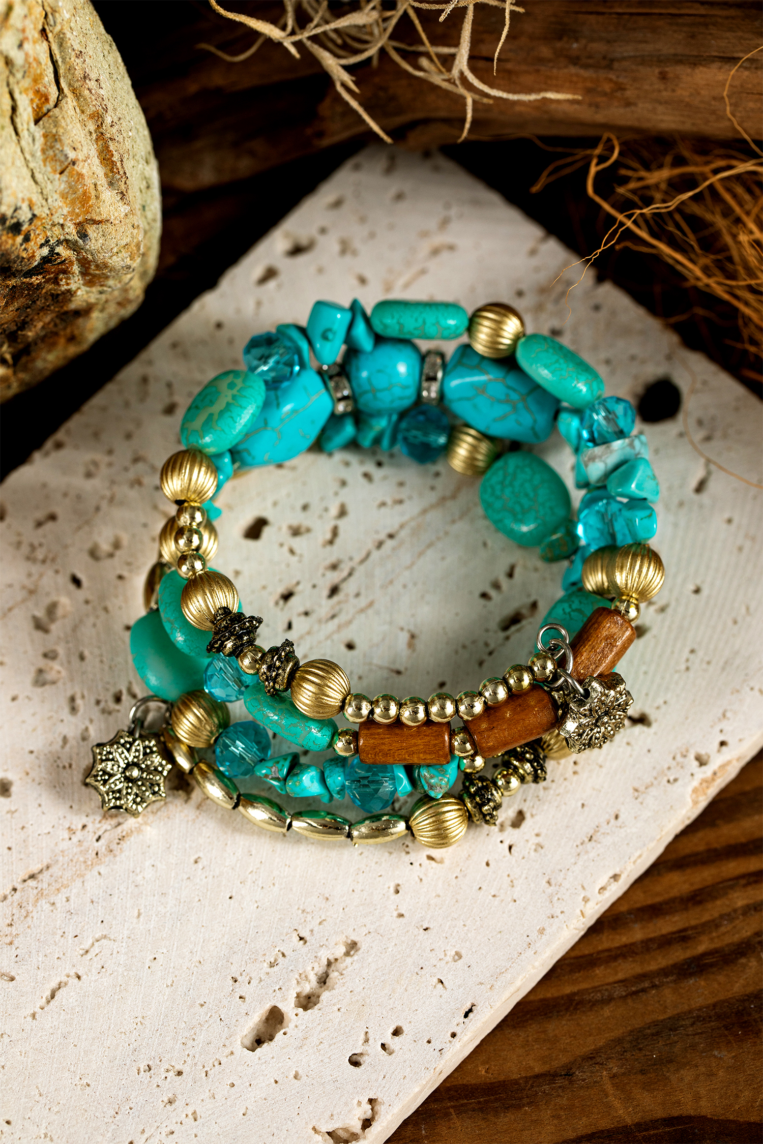 Turquoise Bohemian Style Crystal Stone Plated Bead Multi-Layer Winding Bracelet