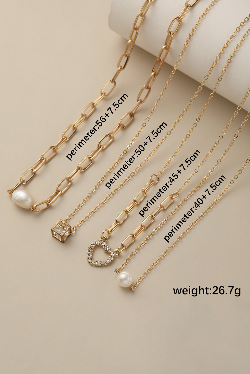 Gold 4pcs Pearl Cube Heart Pendant Plated Necklace Set