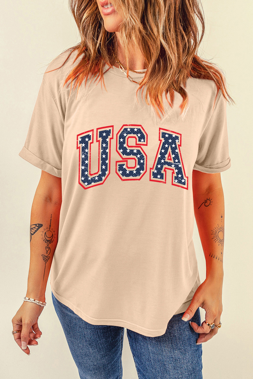 Gray Blooming USA Flag Print Casual T Shirt