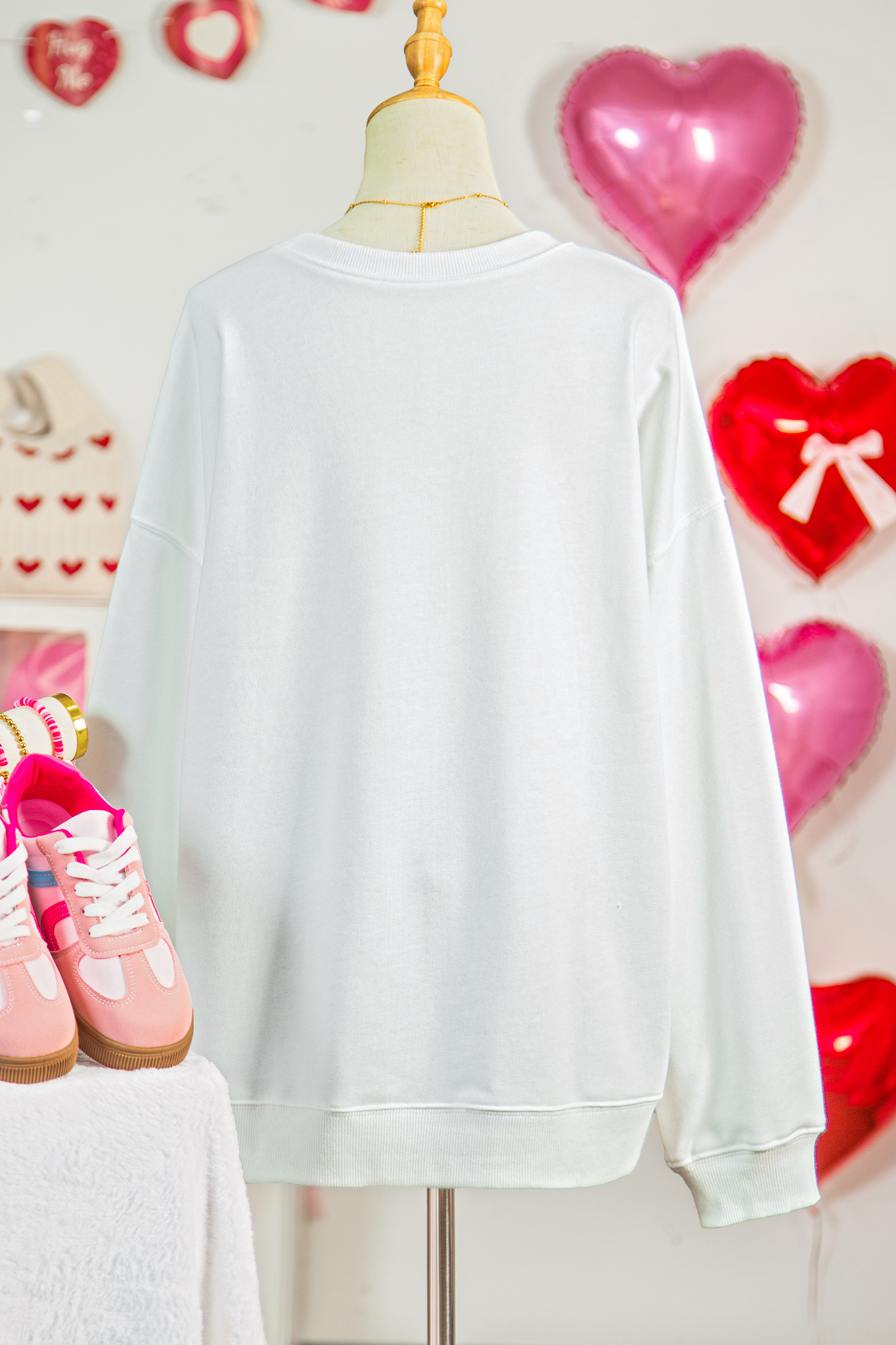 White Love Rose Shimmer Foil Printed Drop Shoulder Sweatshirt