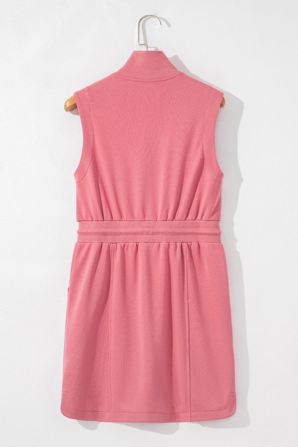 Black French Terry Zipped Collar Sleeveless Drawstring Waist Mini Dress
