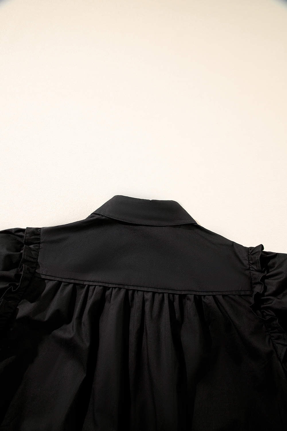 Black Frilly Puff Sleeve Stylish Collared Shirt