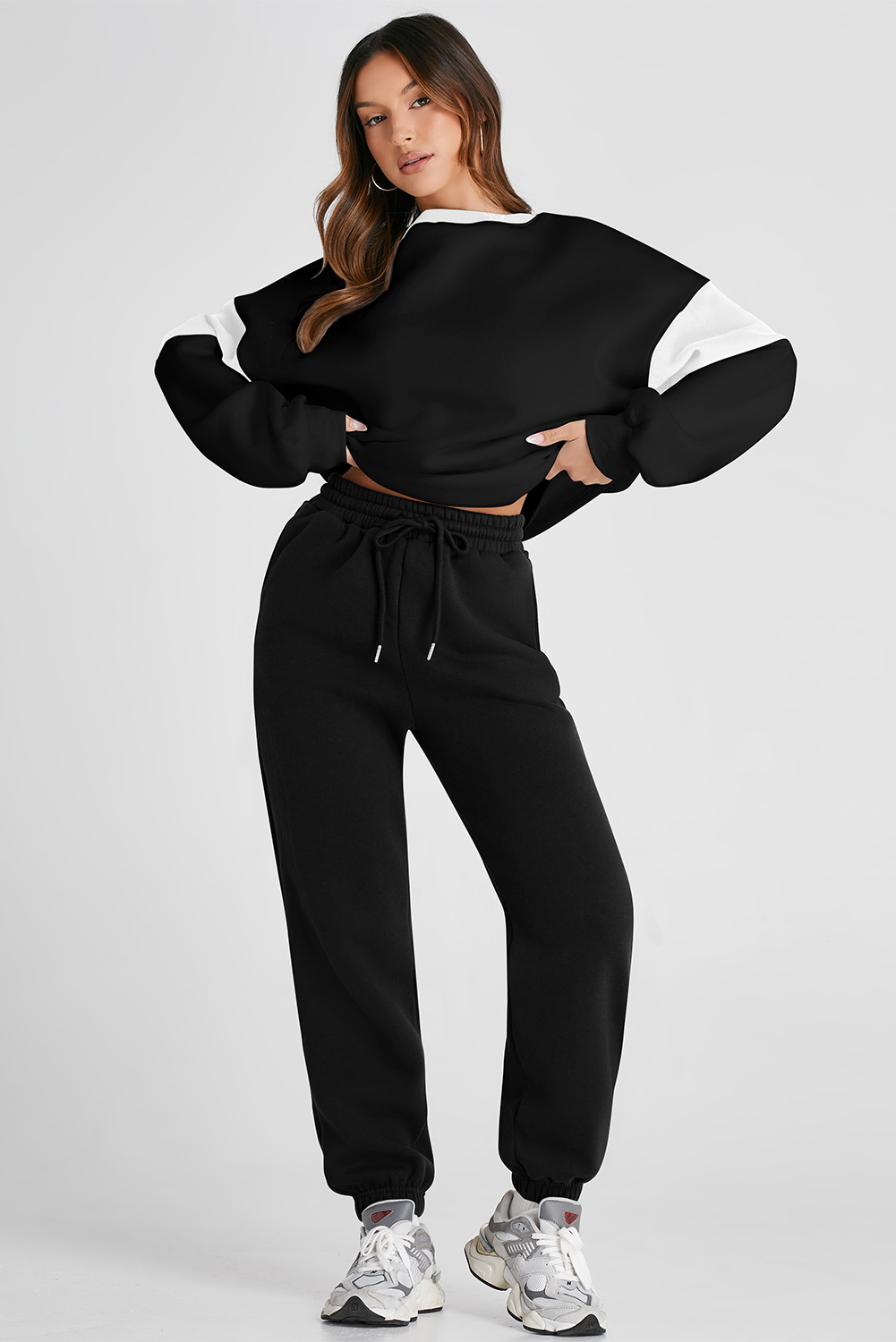 Black Drop Shoulder Loose Sweatshirt and Joggers Active Set
