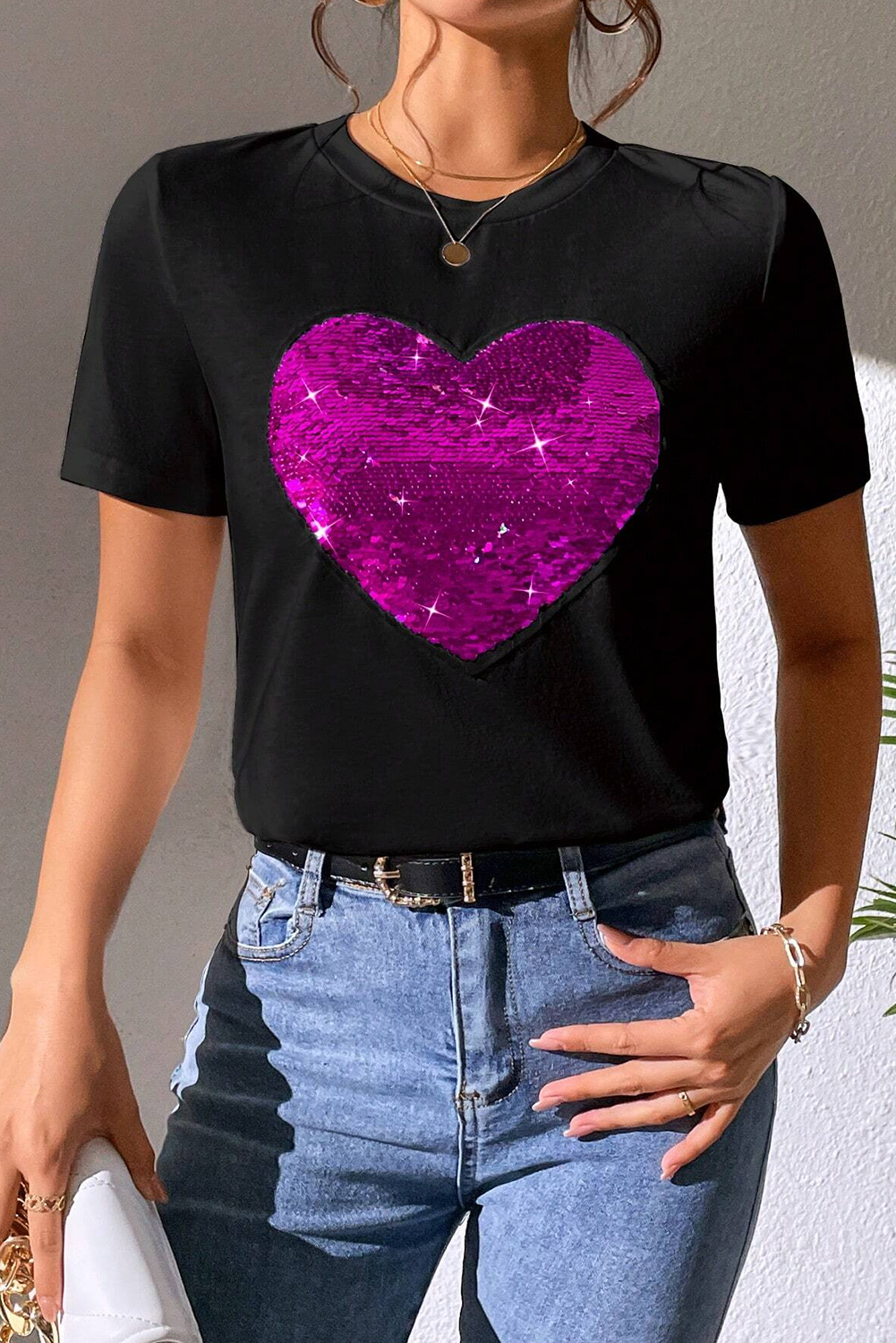 Red Leopard Striped Heart Shaped Print Crew Neck T Shirt