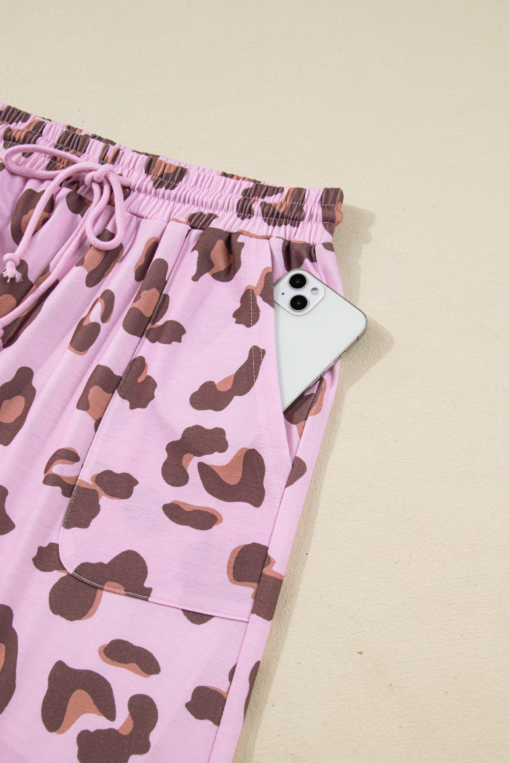 Beige Drawstring Leopard Print Patch Pocket Loose Pants