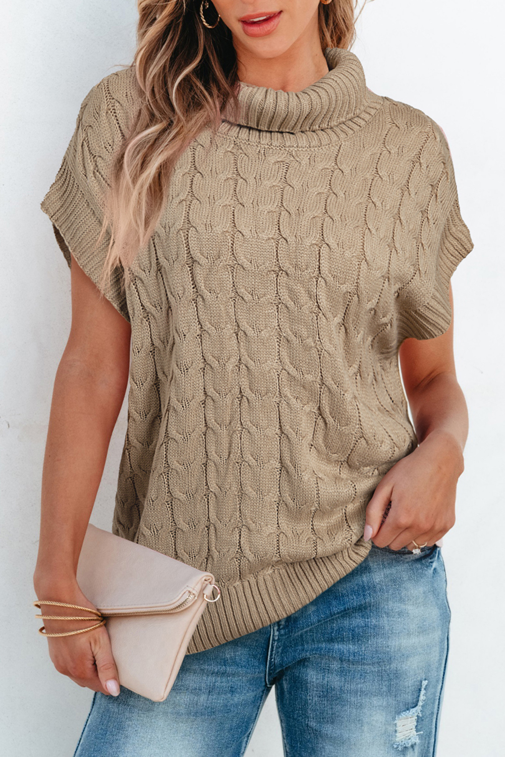 Medium Grey Cable Knit Turtleneck Batwing Sleeve Sweater