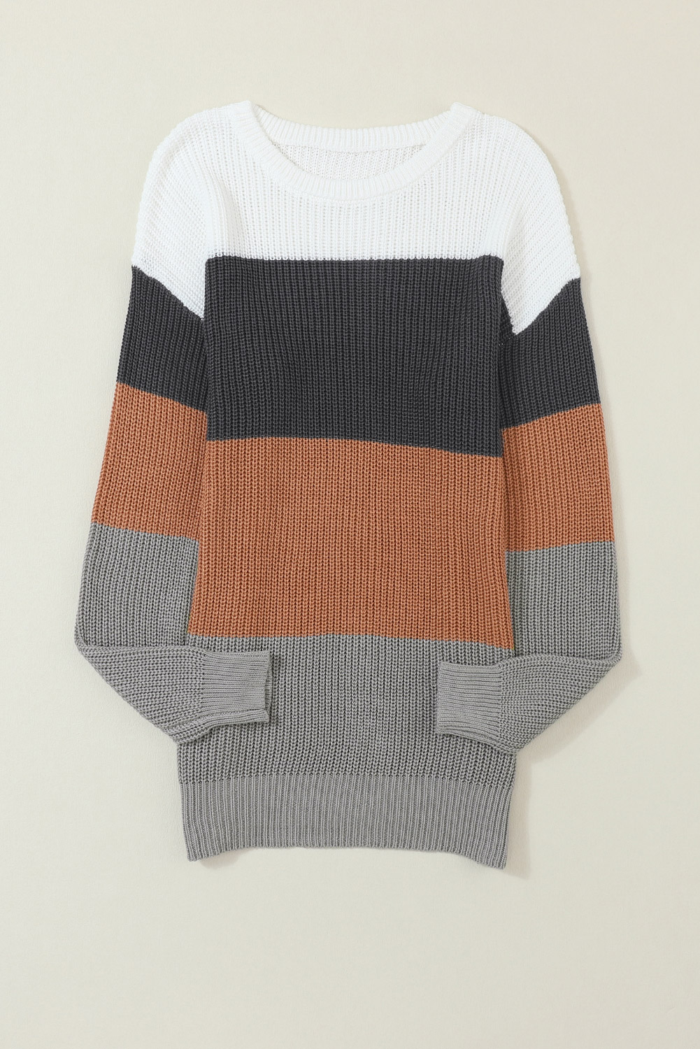 Chestnut Color Block Knitted O-neck Pullover Sweater