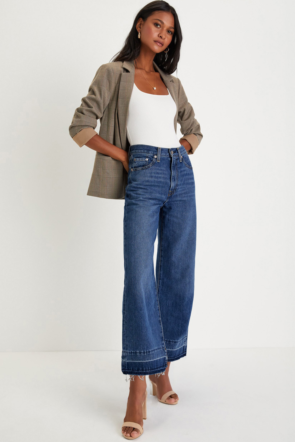 Gray Raw Hem Straight Leg Loose High Waist Jeans