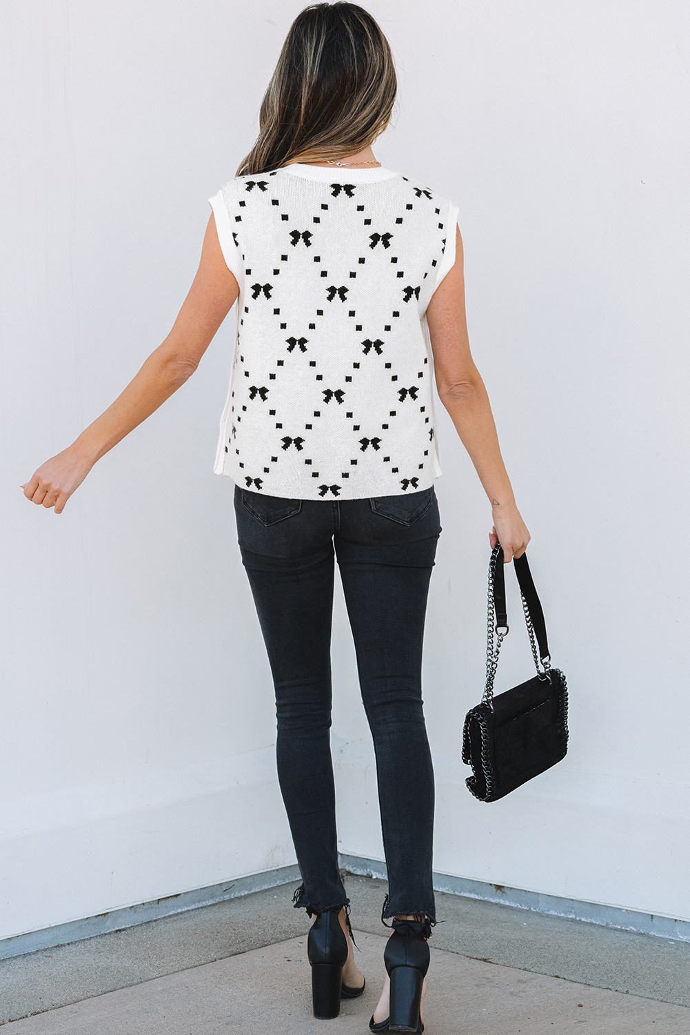 Black Preppy Vibes Bow Print Zipped Collar Sweater Tee