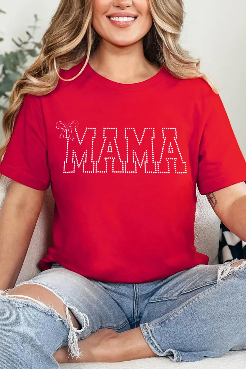 Red Rhinestone MAMA Bow Knot Pattern Crew Neck Loose Tee