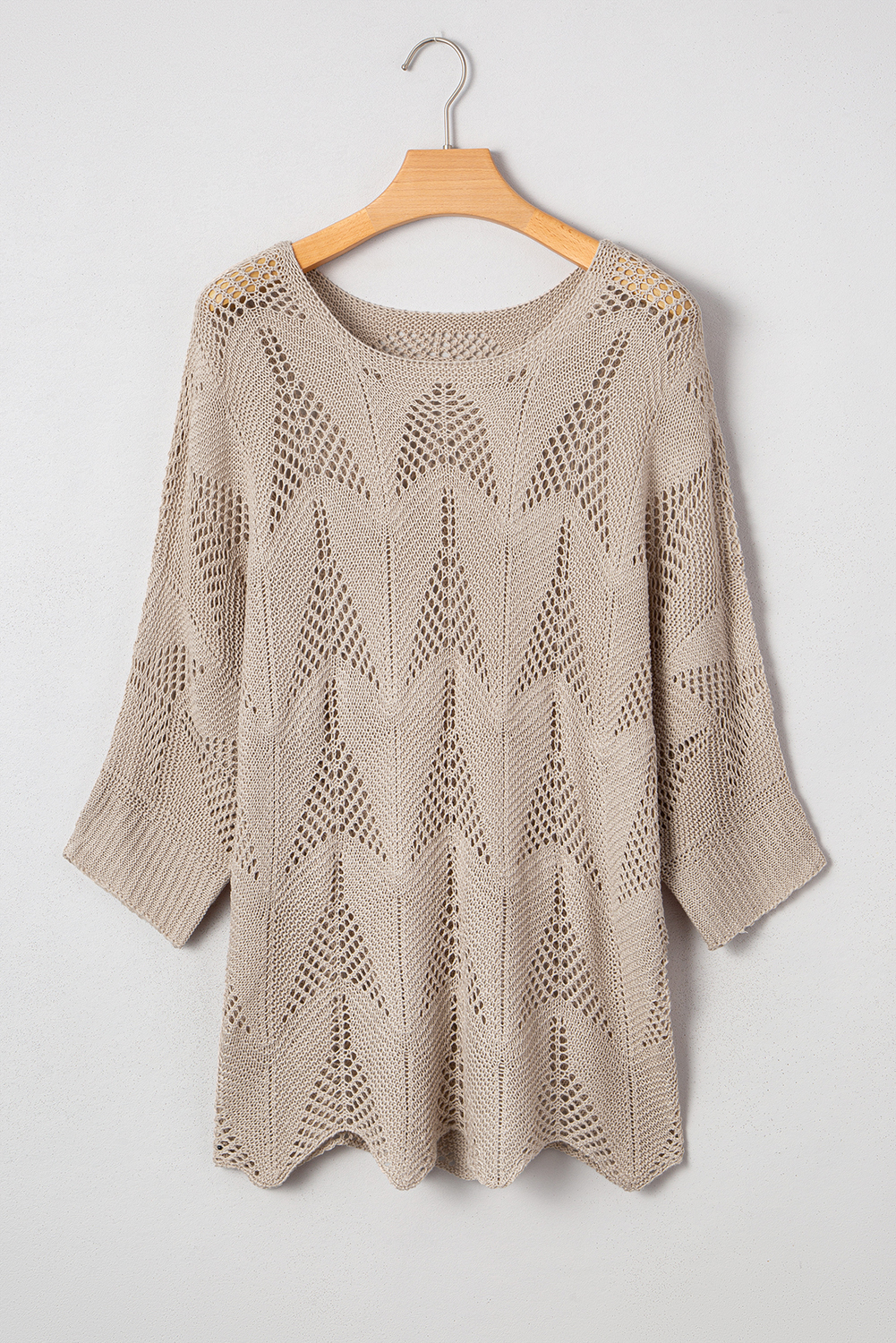Navy Blue Hollow Out Knit 7/8 Sleeve Casual Sweater