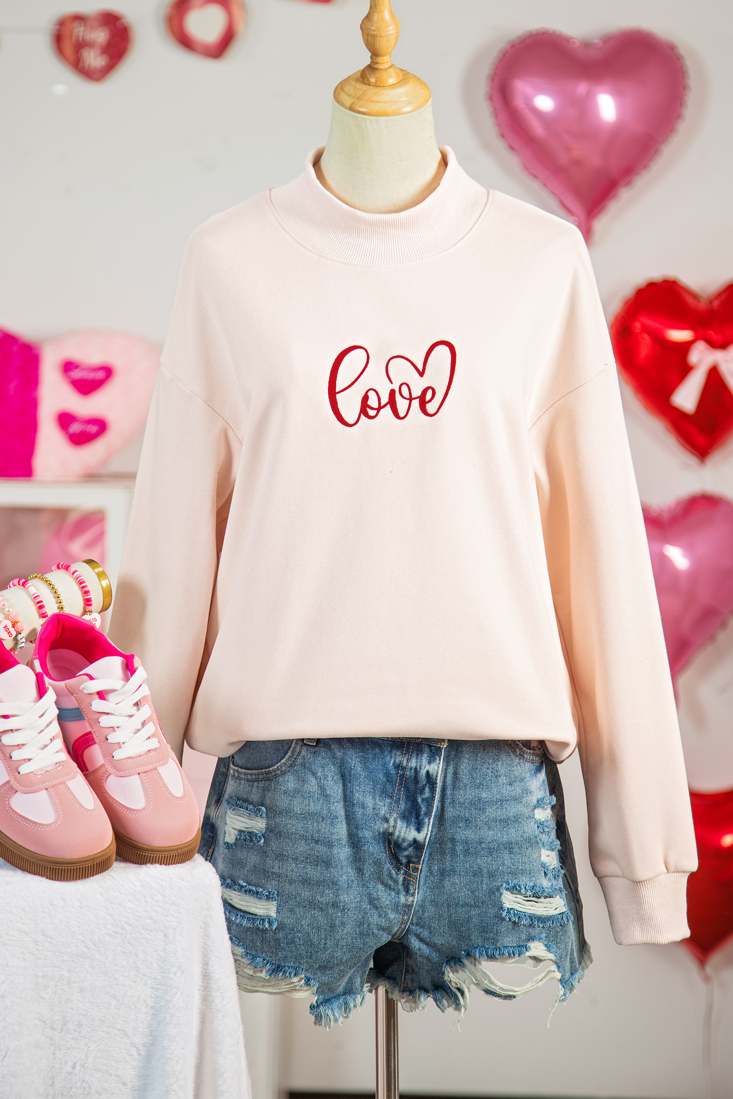 Apricot Pink Mock Neck Love Letter Embroidered Valentines Day Sweatshirt