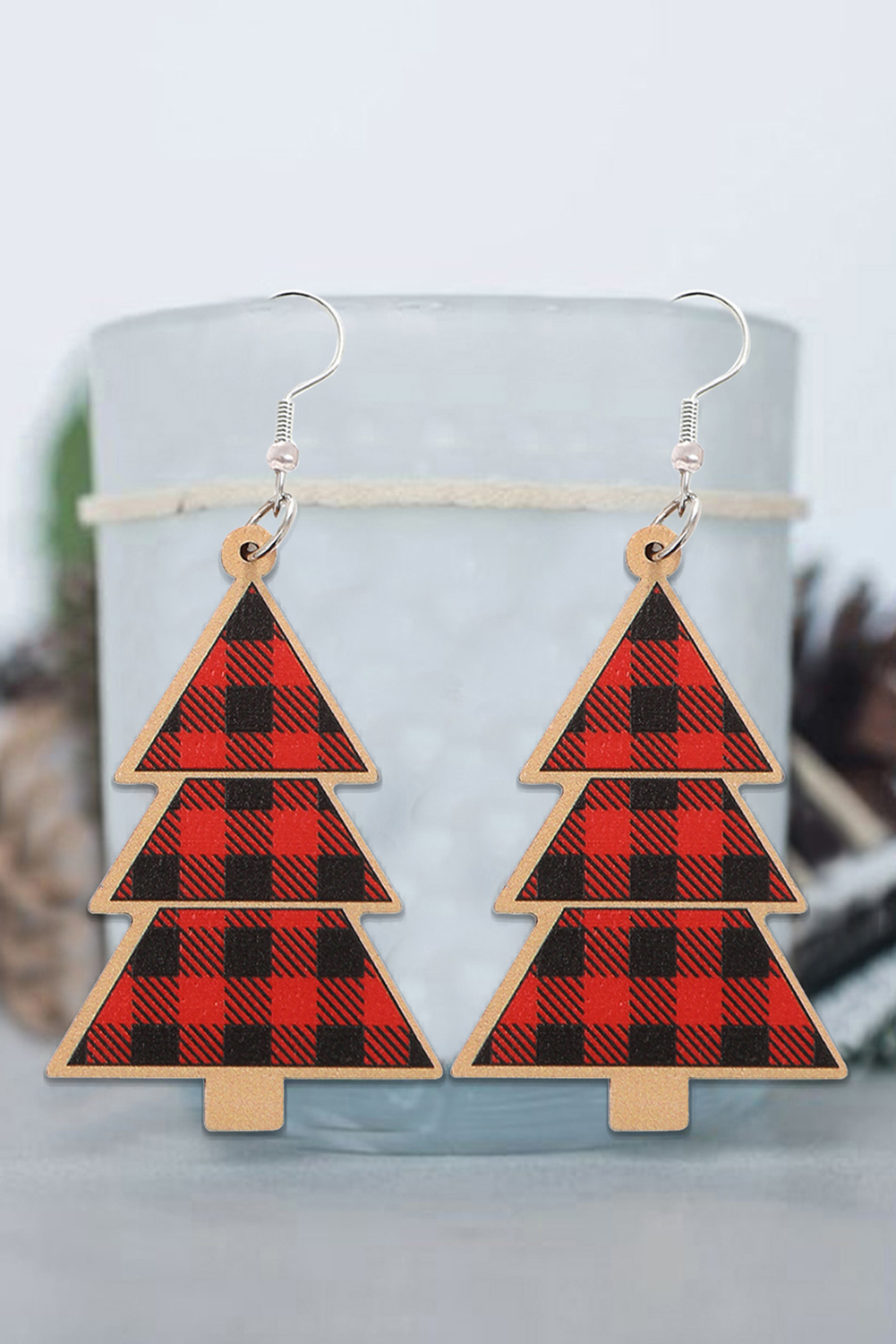 Red Shade Of Leopard Plaid Christmas Tree Earrings