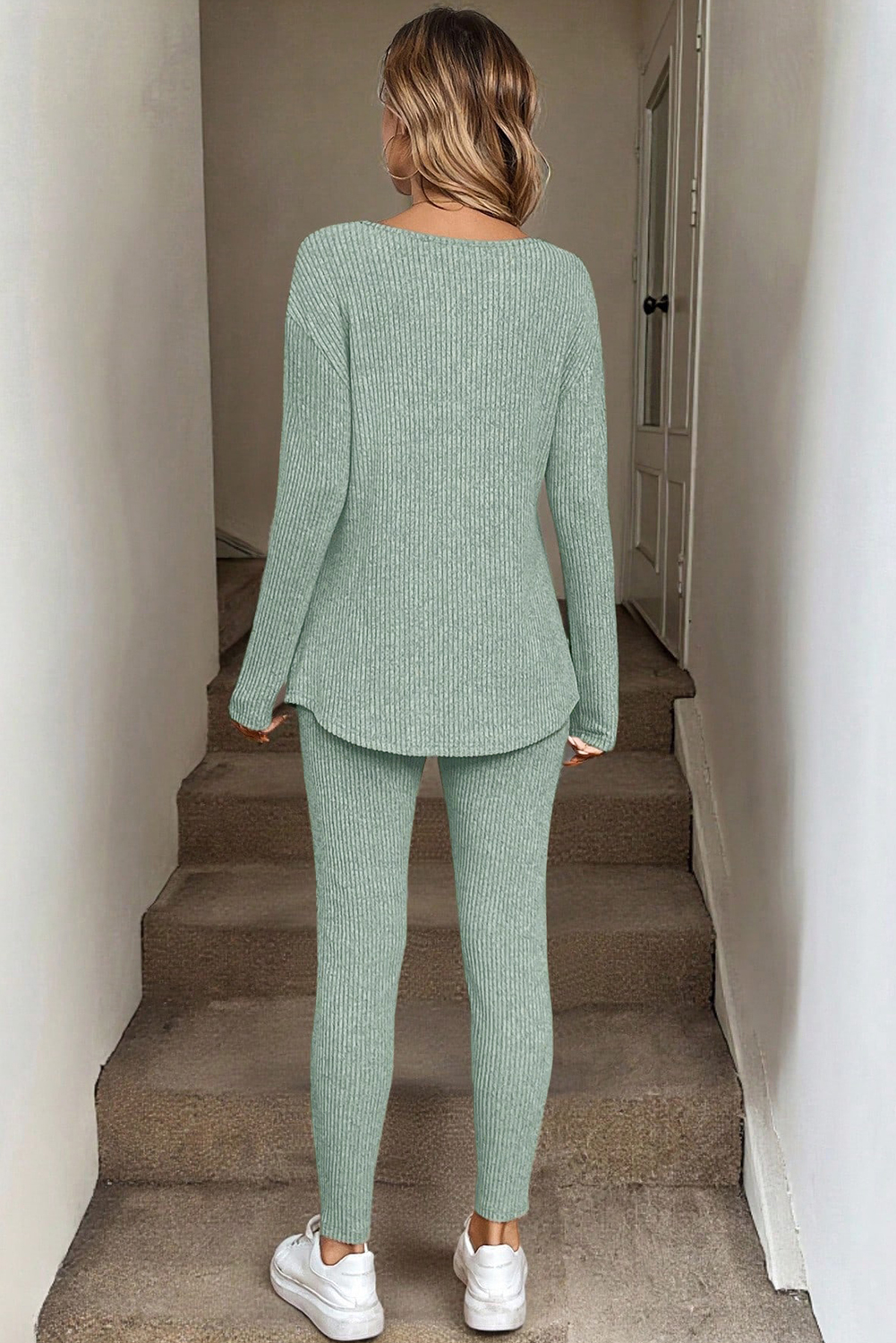 Black Ribbed Notched Neck Knit Long Sleeve Leggings Two Pieces Lounge Set