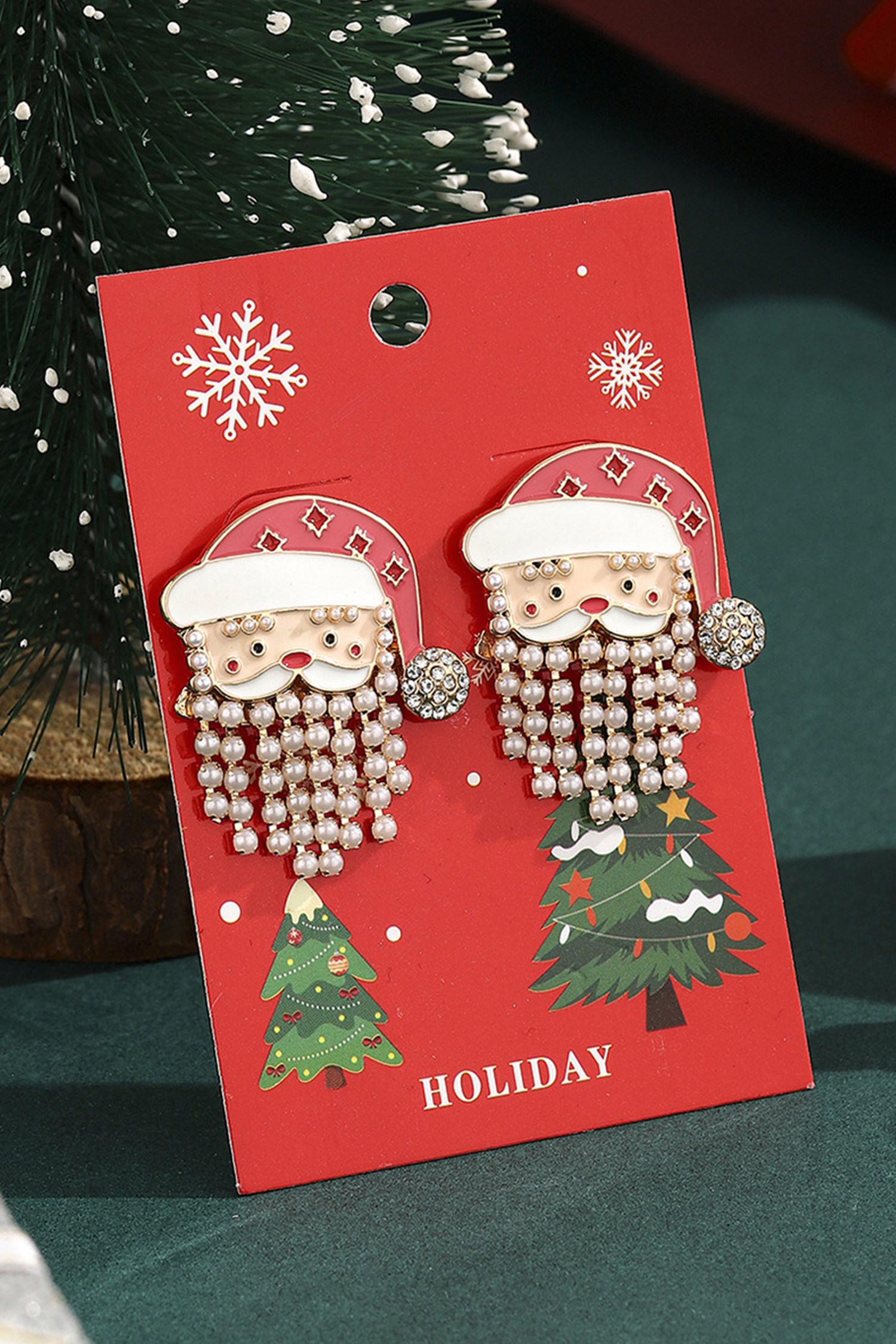 Fiery Red Pearl Beard Rhinestone Embellished Santa Claus Earrings