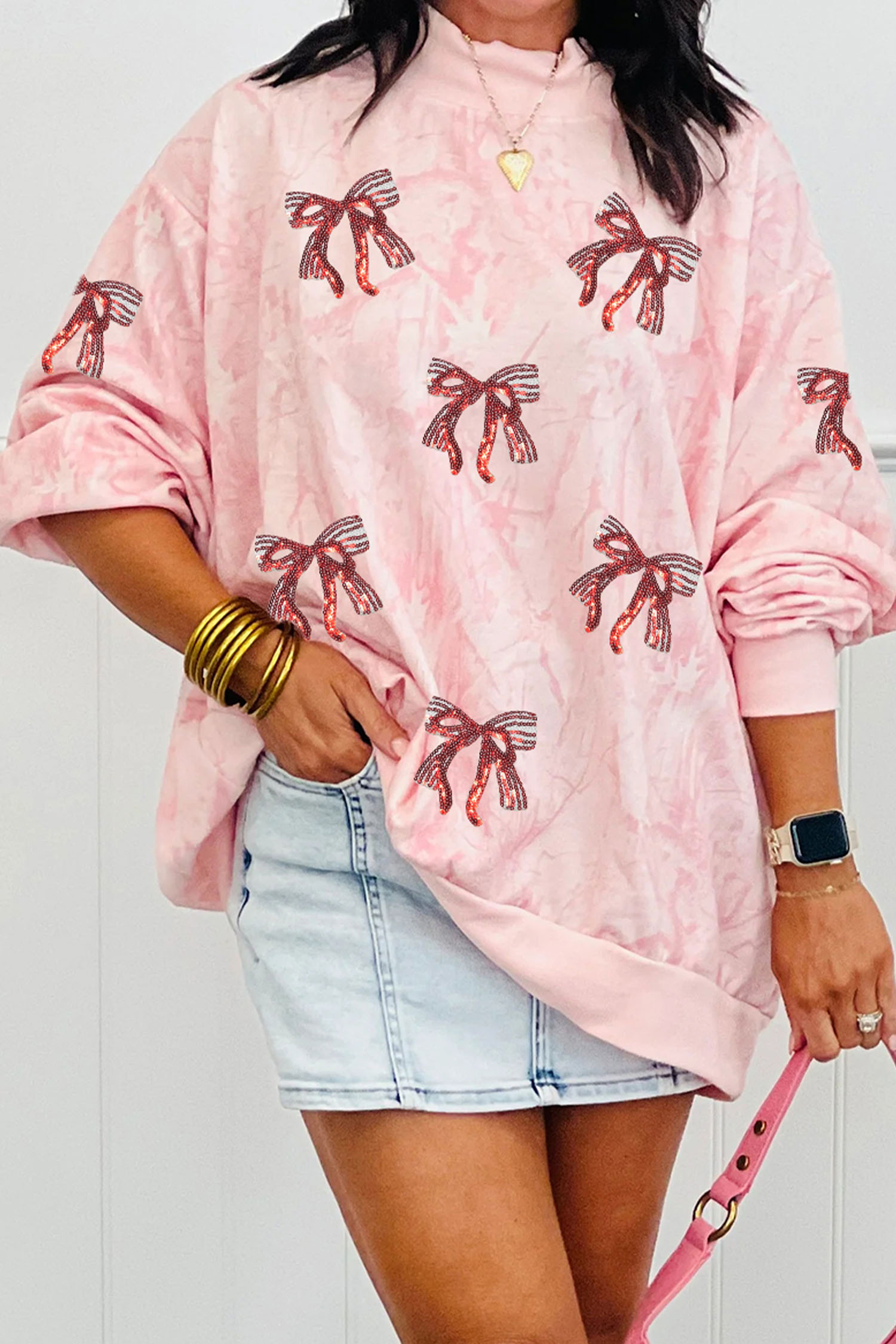 Pink Tie Dye Camo Sequin Love Heart Patched Mock Neck Sweatshirt