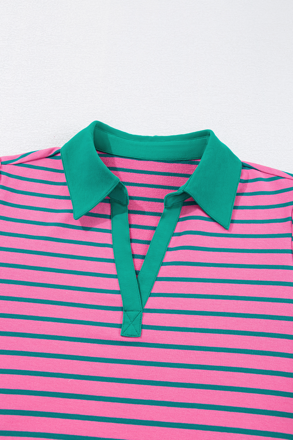Pink Stripe Collared V Neck Puff Sleeve T Shirt Dress