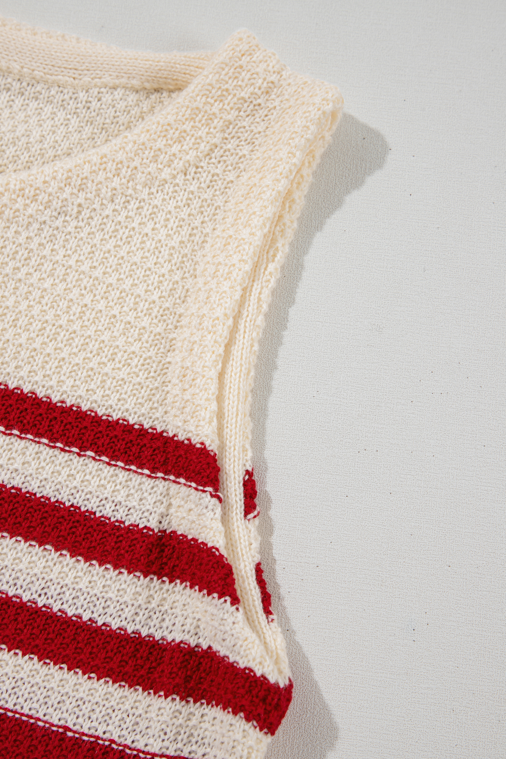Red Stripe Textured Knit Ribbed Hem Sweater Tank Top